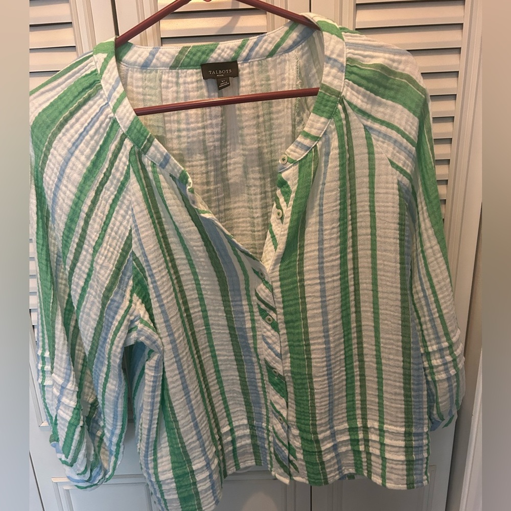 Talbots Petite Striped Top in Green and White